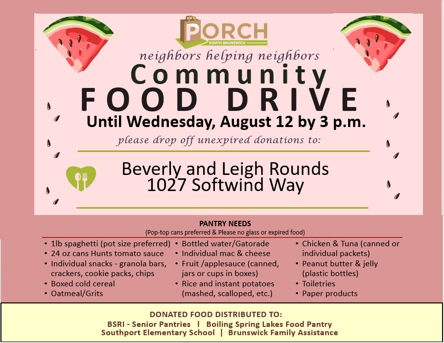 PORCH South Brunswick Food Drive — Drop Off by August 12